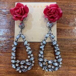 Rare M. Haskell Red Rose & Rhinestone Statement Earrings